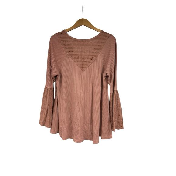 Free People Women’s Top Parisian Nights Eyelet Trim Bell Sleeves Ribbed Small - Picture 3 of 8